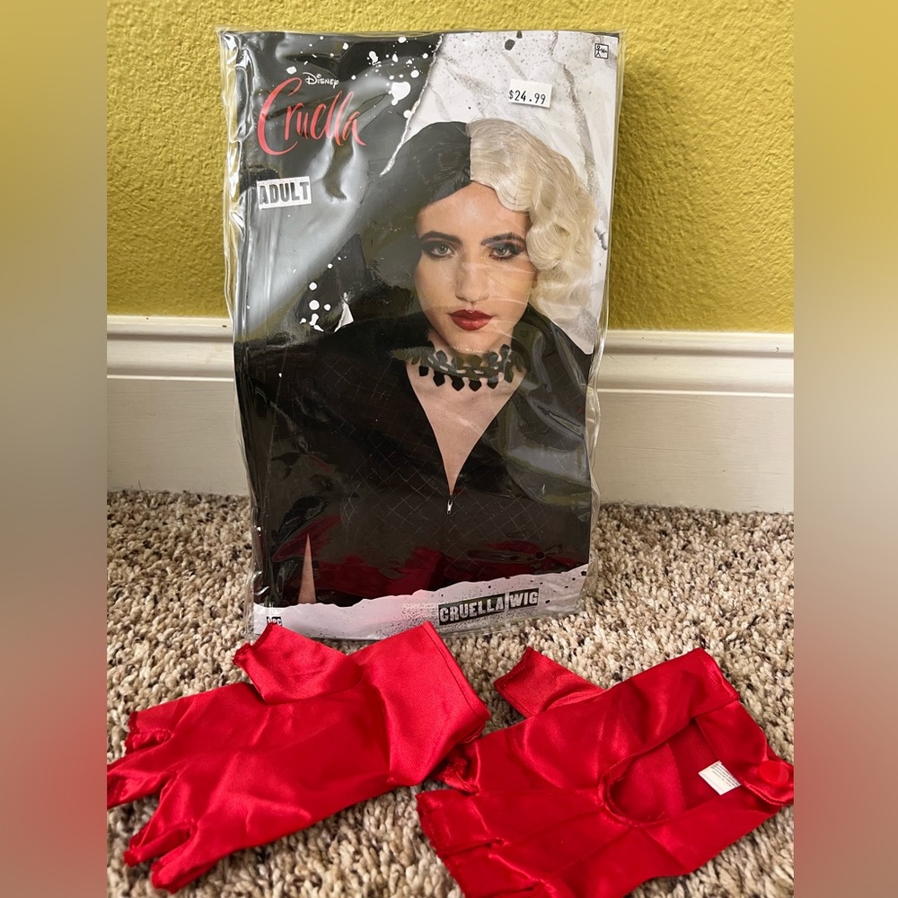 Cruella wig and gloves